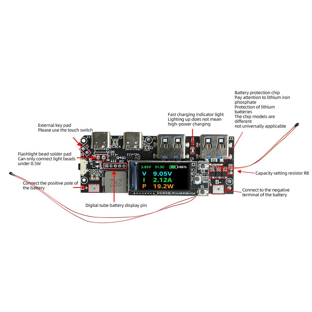 22.5W Power Bank Mainboard 0.96-inch Display PD Multi-Protocol Fast Charging Module DIY LiFePO4 Lithium Battery Circuit Board