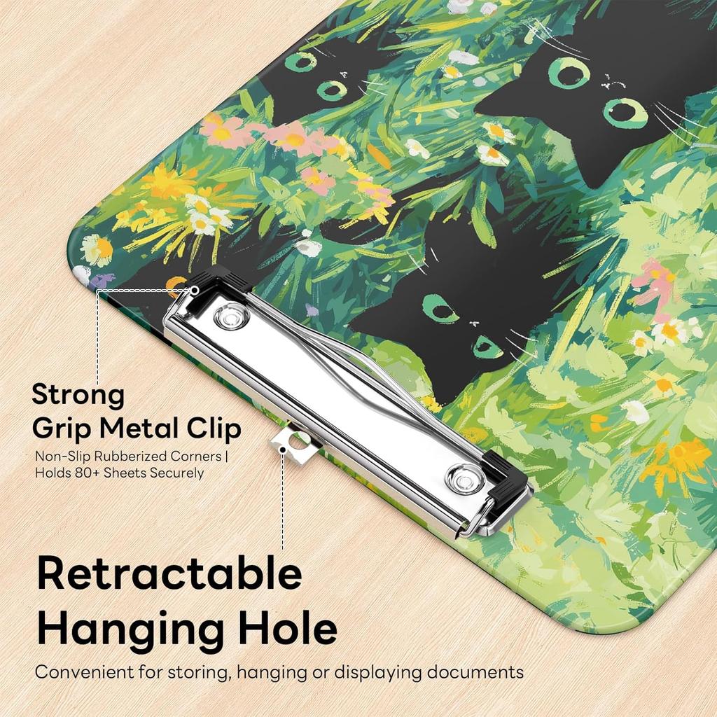 Plastic Cute Clipboard Low-Profile Metal Clip, A4 Letter Size 9 x 12.5 in, 8.5 x 11 Paper Clip Board for Teachers, Nurses, Classroom,Cute Black Cats