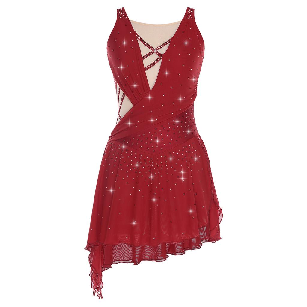 Women Dance Dress with Rhinestones Adorned Straps - Backless Side Slit Flowy Asymmetrical Hem Built-in Crotch Press Buttons for Stage Performance