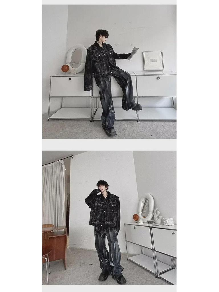 Men's Retro Washed Denim Ink Suit - Trendy Two-Piece Jacket & Trousers Set