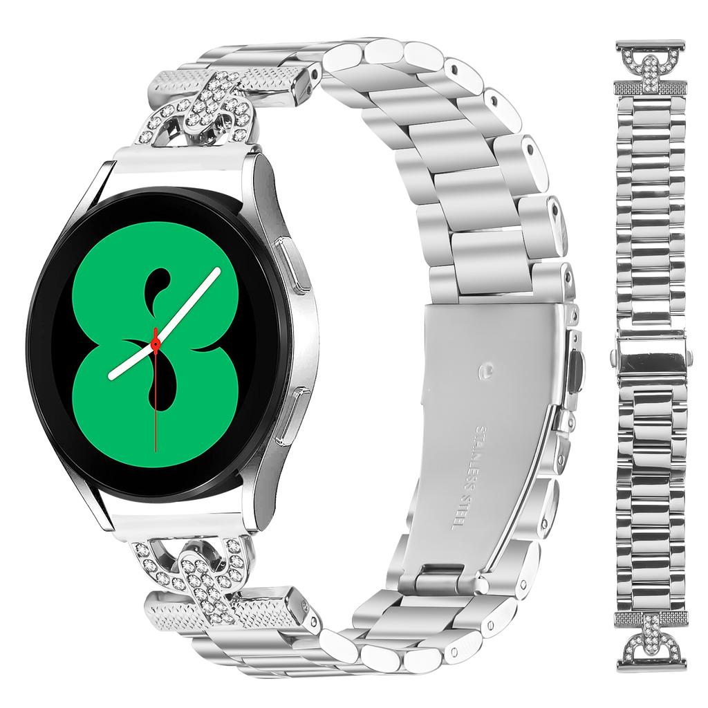 Watch Strap for Samsung Galaxy Watch Active2 44mm/40mm Silver Metal Band D-Shape Rhinestones Decor 3-Bead