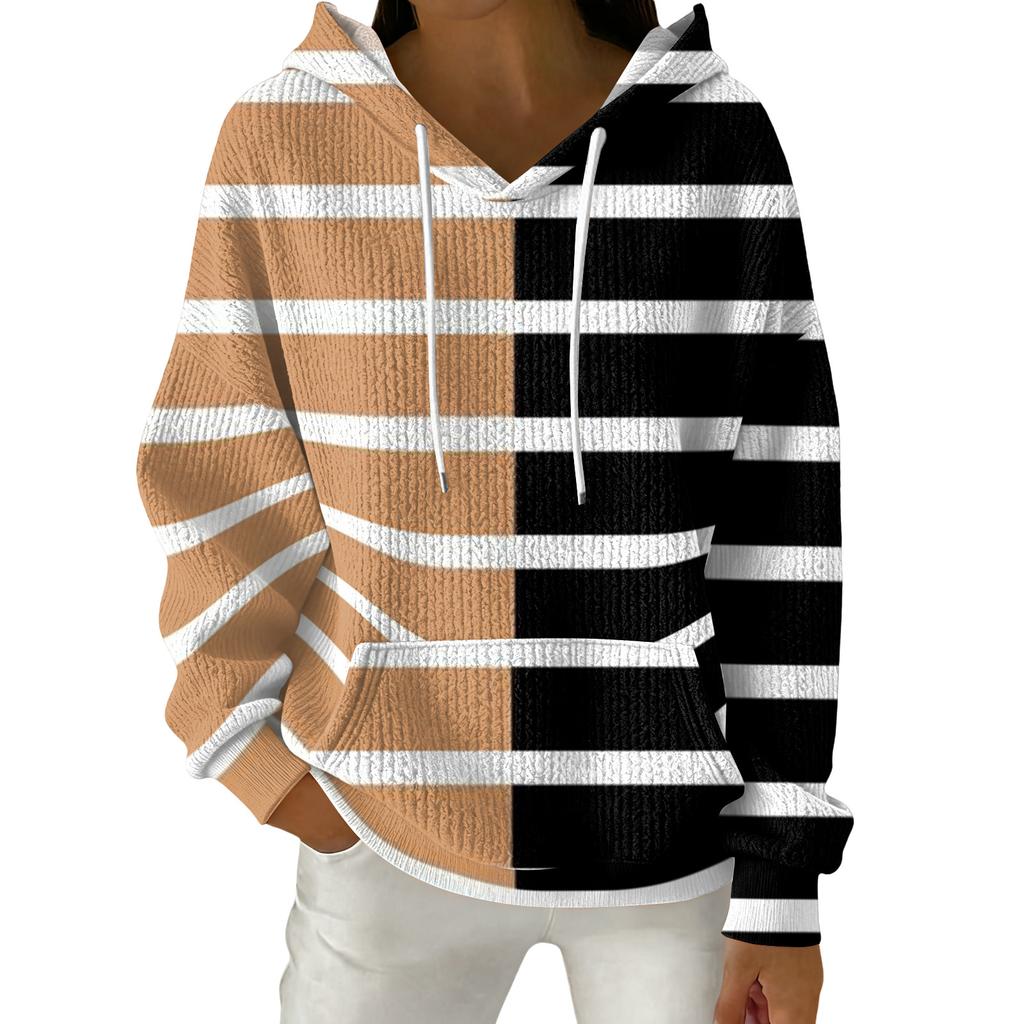 Women's Fashion Casual Striped Print Pullover Long-Sleeve Hooded Sweatshirt