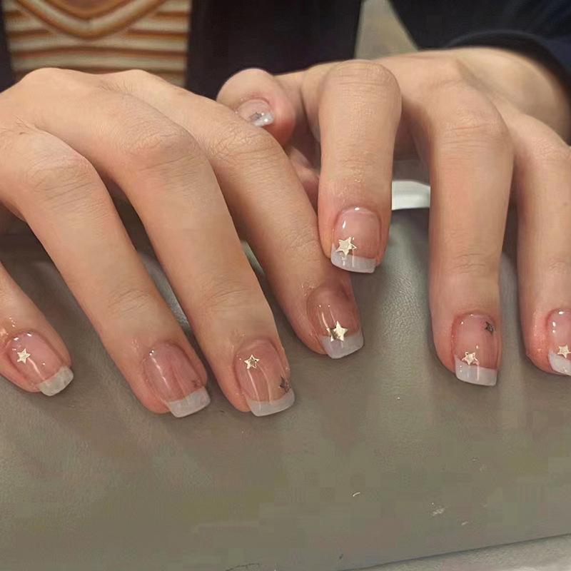 24Pcs Short Square Press On Nails White Line Rhinestone Design Full Cover Detachable Fake Nail Tips For Women