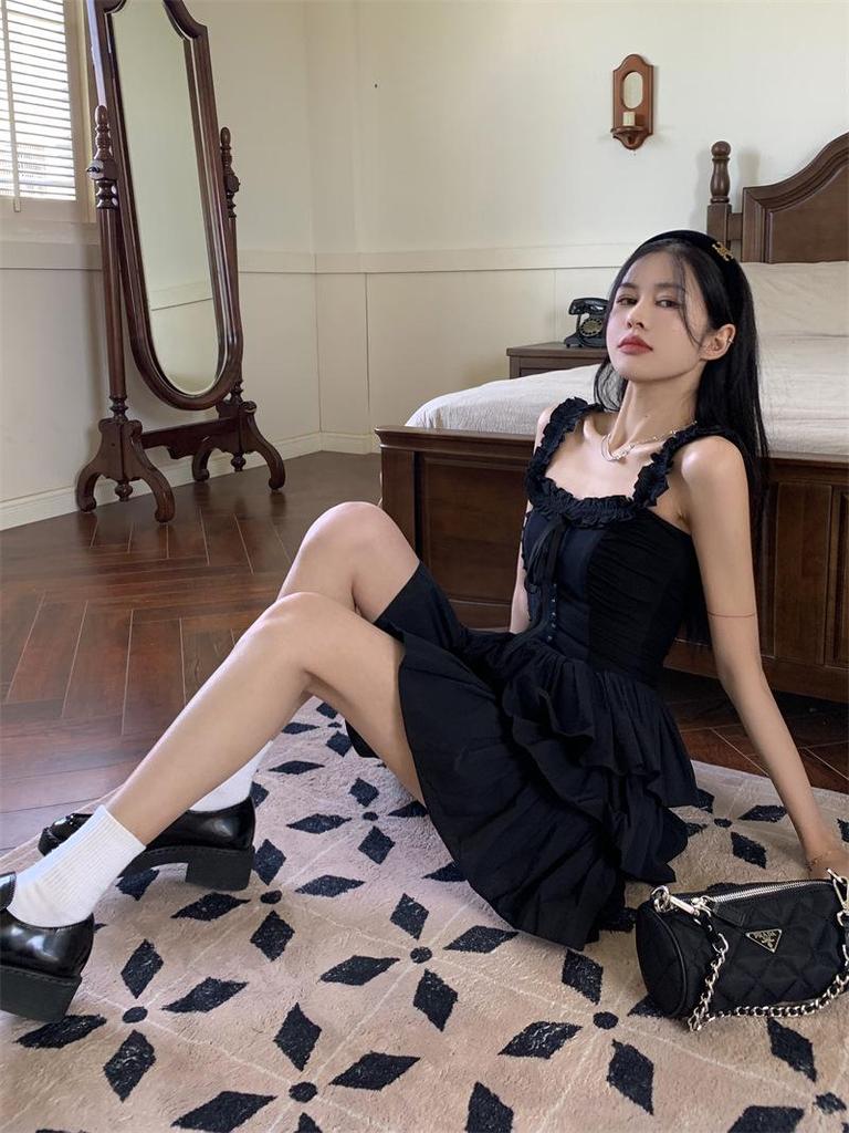 Women's Slim Suspender Dress: Summer 2023 Hepburn-Style Little Black Cake Dress