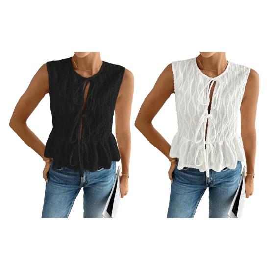 Женская майка с завязками спереди, летняя рубашка без рукавов с круглым вырезом, повседневная блузка для пляжного отдыха