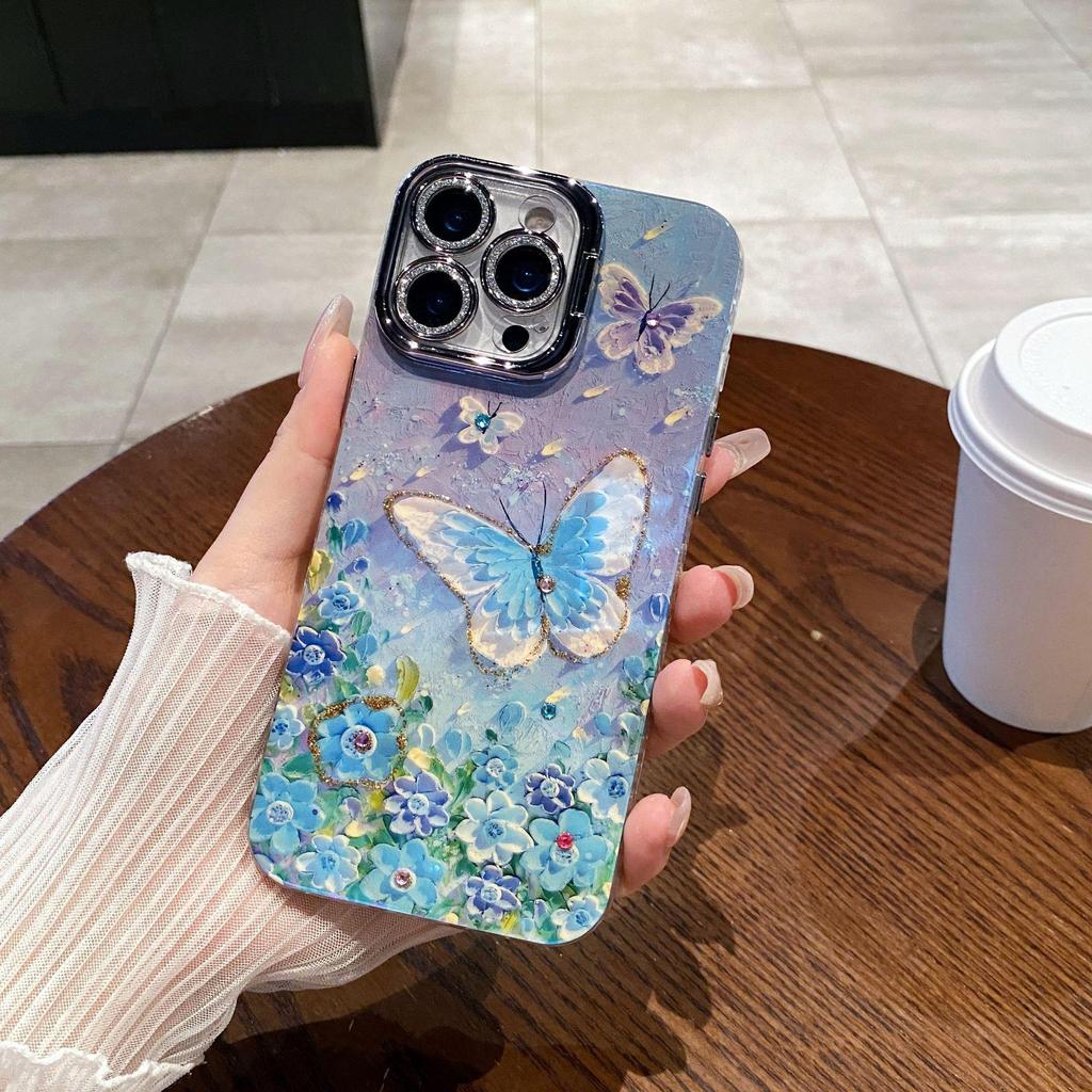 Чехол-подставка для iPhone 17 Pro Max, масляная живопись с бабочками - Полное покрытие для 16 Pro, 15, Женский дизайн