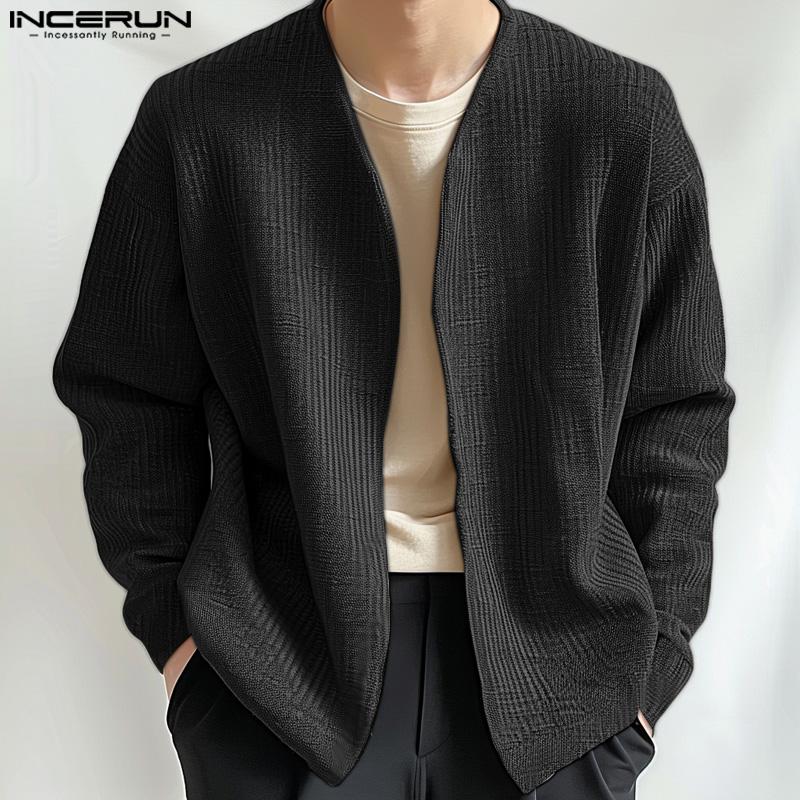 INCERUN Autumn Spring Men Open Front Texture Jacket Coat Long Sleeve Cardigan