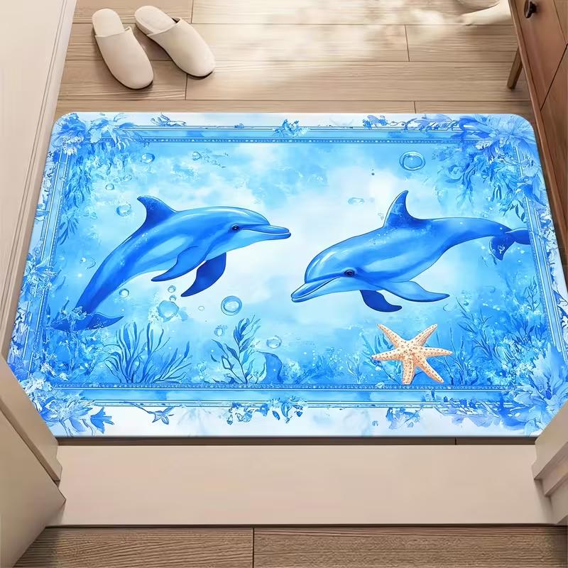 Watercolor Dolphin Starfish Ocean Doormat Anti-slip Entry Rug Underwater Seaweed Pattern Mat Indoor Entrance Home Decor