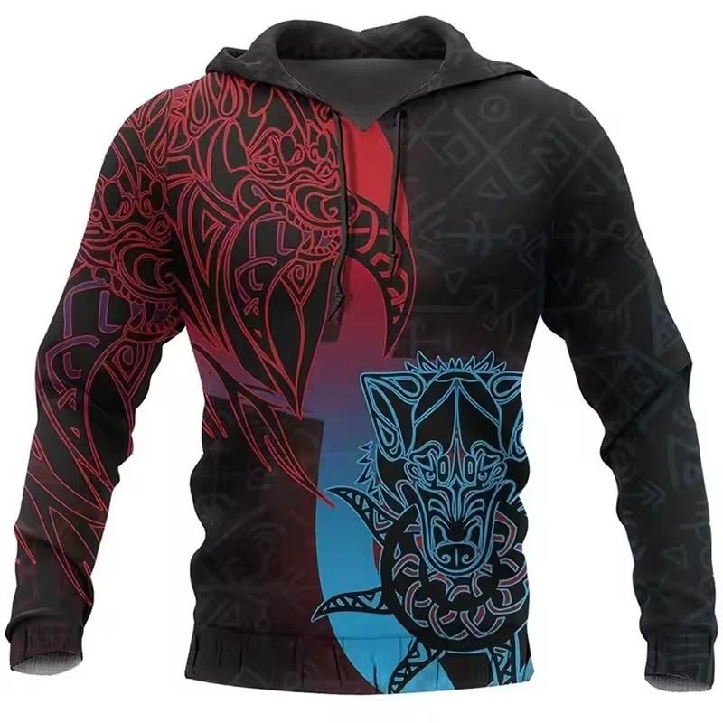 Толстовка с капюшоном 3d Viking Harajuku Print Pullover Мужская толстовка с капюшоном свободного покроя Винтажная мужская одежда Осень с длинным рукавом с капюшоном