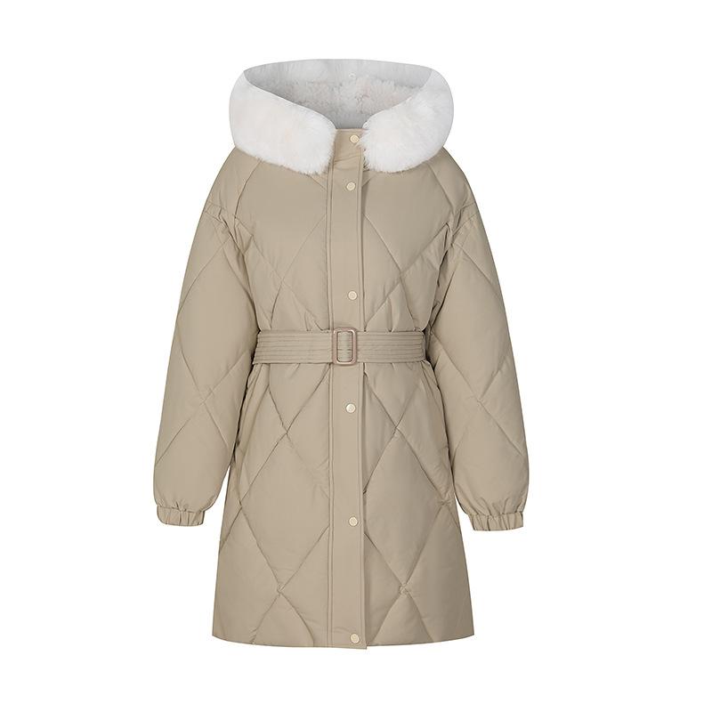 Korean chic winter versatile turtleneck rhombus grid cotton warm big pocket lace-up waist cotton coat long coat women
