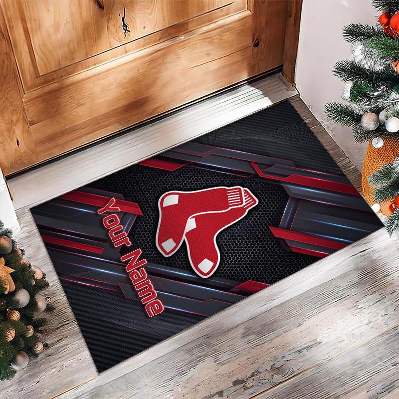 Boston Red Sox Crystal Velvet Rug, Custom Name Text Personalized Non‑Slip Floor Mat for Home Decor Gift