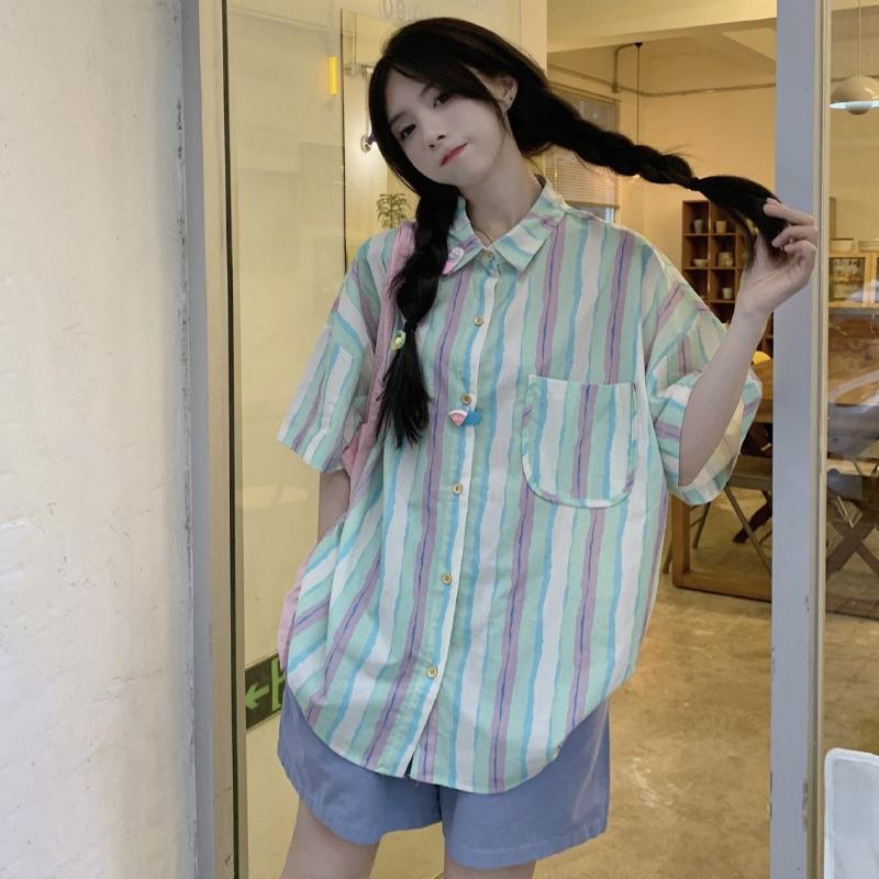 Женская рубашка в полоску с цветными блоками, японская однобортная женская одежда, летний свободный повседневный топ с короткими рукавами