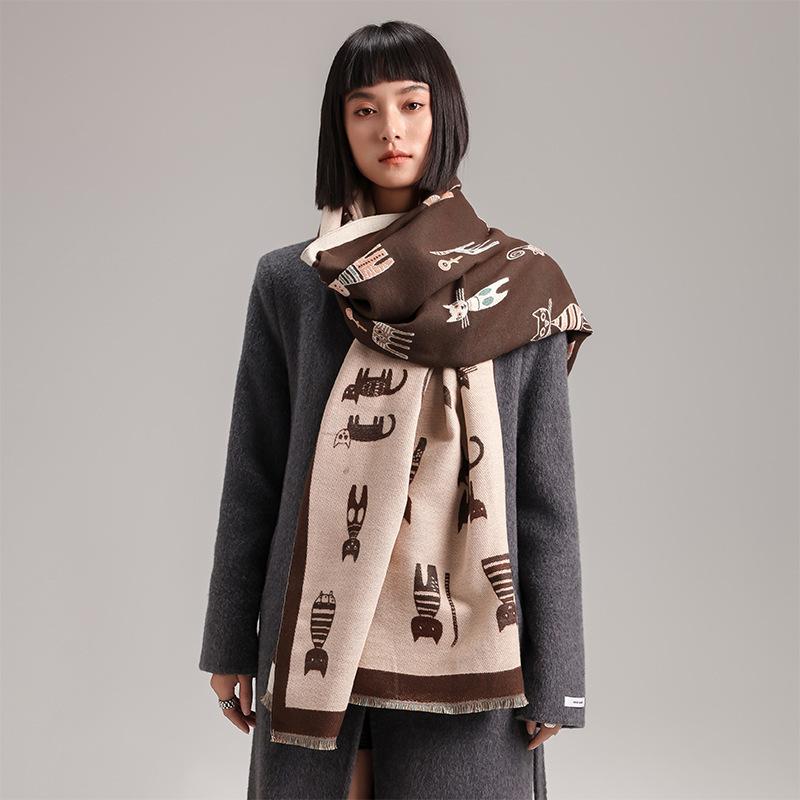 Winter Cashmere Scarf Women Luxury Cat Print Female Shawl Wrap Scarves Lady Thick Warm Blanket Gift Echarpe Pashmina
