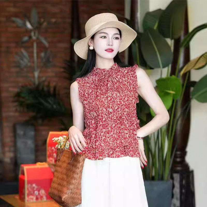 Shopping mall spring and summer new versatile temperament lace-up fungus edge thin floral sleeveless shirt 111111