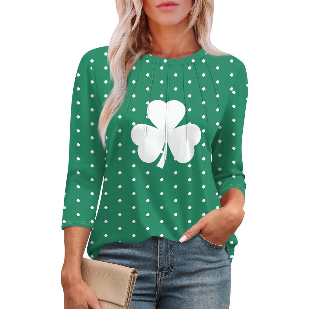 Women's Fashion Round Neck Seven Sleeve St. Patrick's Day Printed Pleated T-Shirt Top