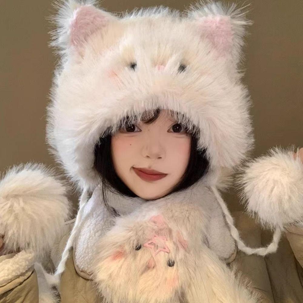 Soft Faux Rabbit Fur Scarf Cartoon Cat Neck Collar Cute Cartoon Hat Scarf  Winter