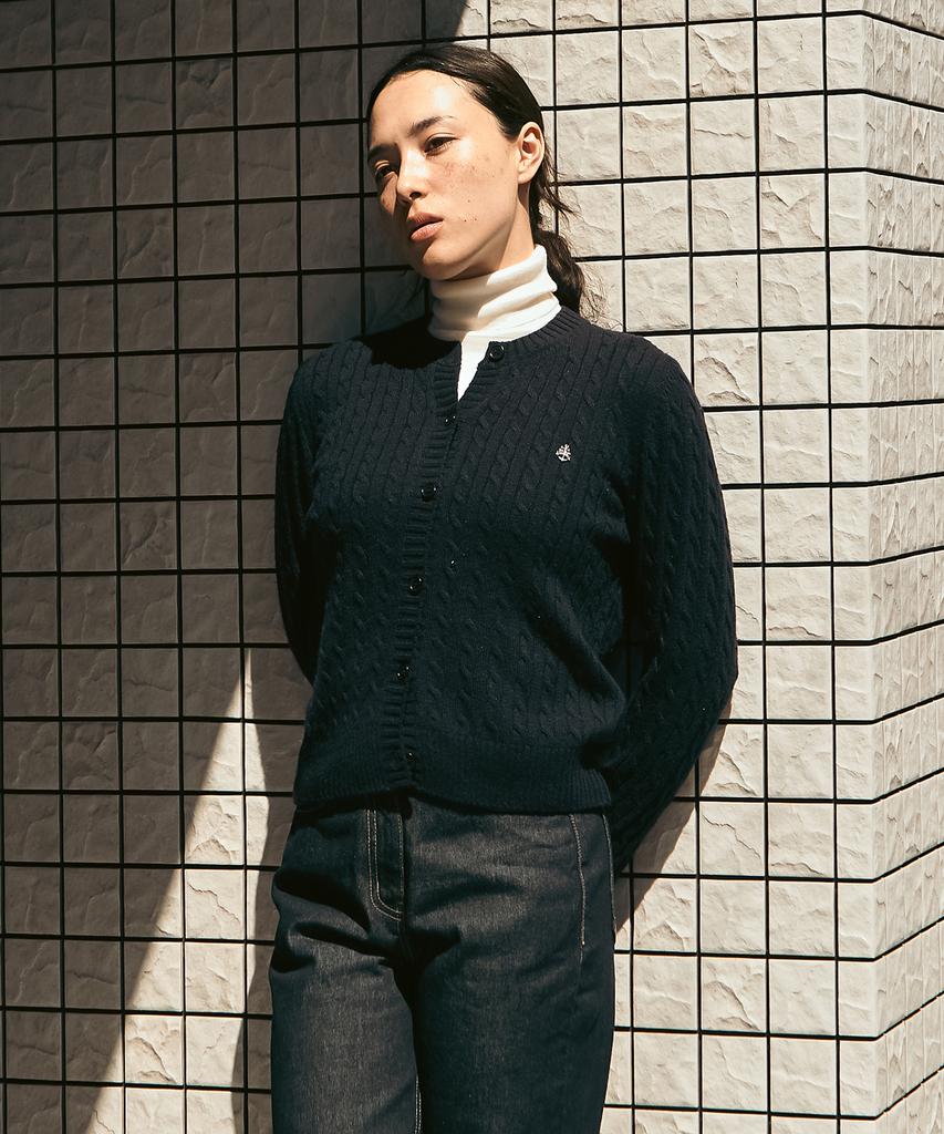 UNIFORM BRIDGE Cashmere Blended Cable Knit Cardigan(Women) Dark Navy