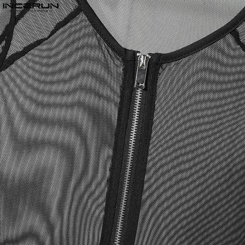 INCERUN Мужские сетчатые комбинезоны с застежкой-молнией и длинным рукавом в стиле пэчворк, прозрачные, короткие, комбинезоны, боди