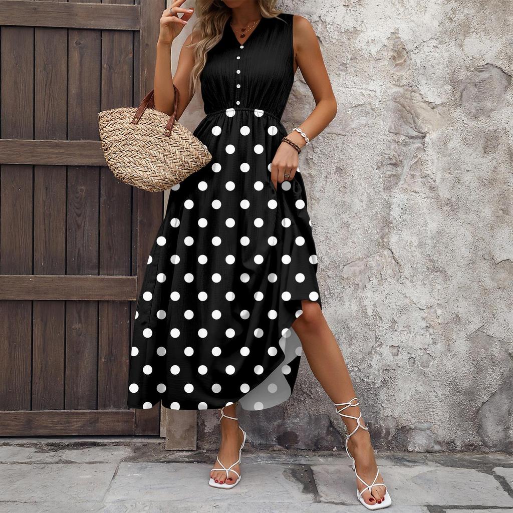 Women's Casual And Fashionable V-neck  Sleeveless Printing Mid Length Dress