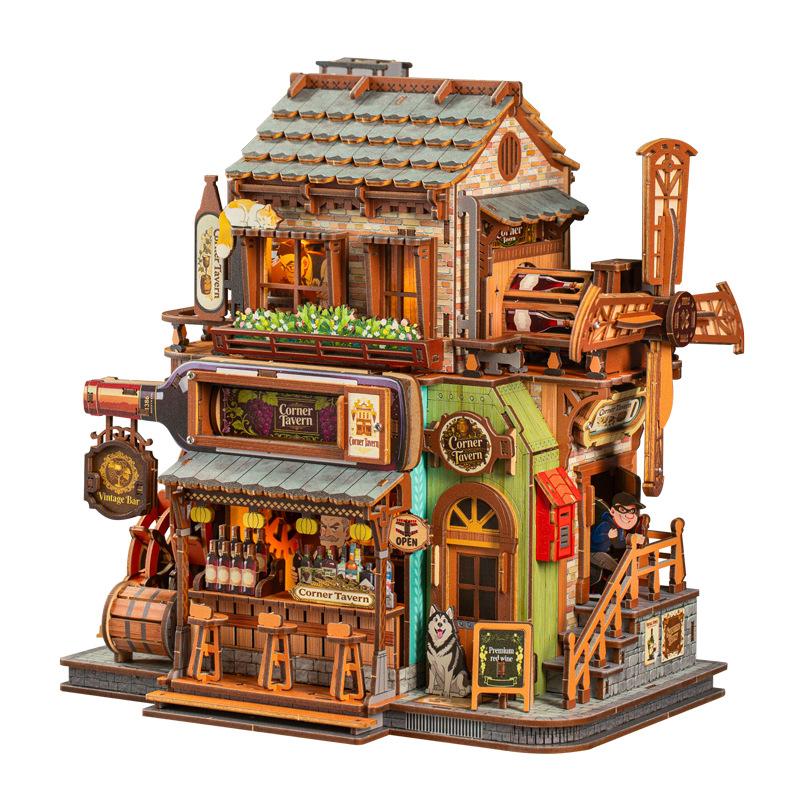 DIY Street Corner Pub Mechanical Assembly Model Large Handmade Building House Toy Gift for Adults