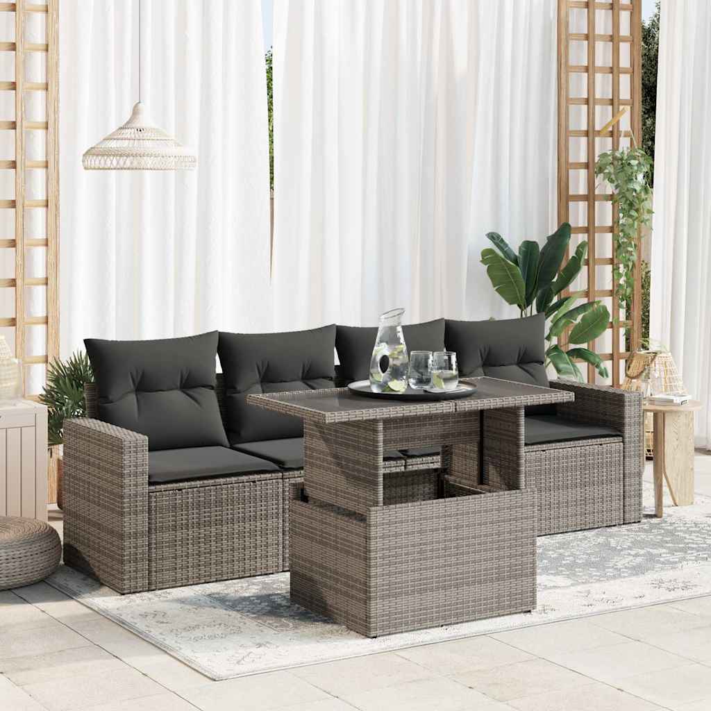 vidaXL 5 Piece Garden Sofa Set with Cushions Grey Poly Rattan