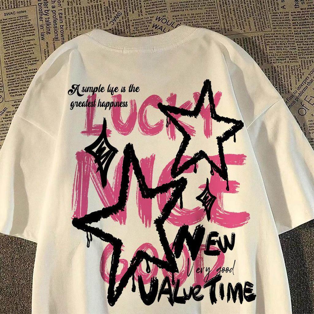 100 Pure Cotton American Retro Hiphop High Street Star Letter Printed Summer European and American Unisexs and Womens Tshirt