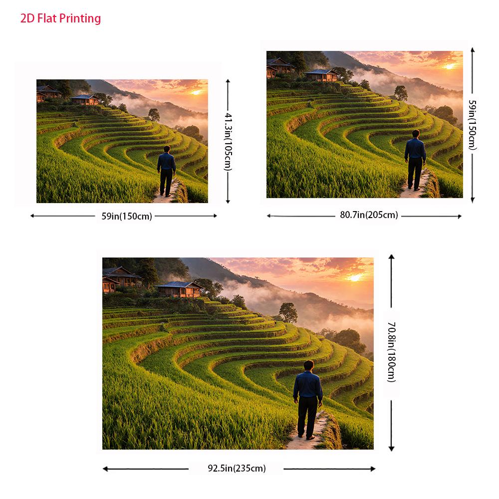 2D flat image 1 piece of a man in a Bali rice paddy at sunset suitable for photography or for a room decoration.