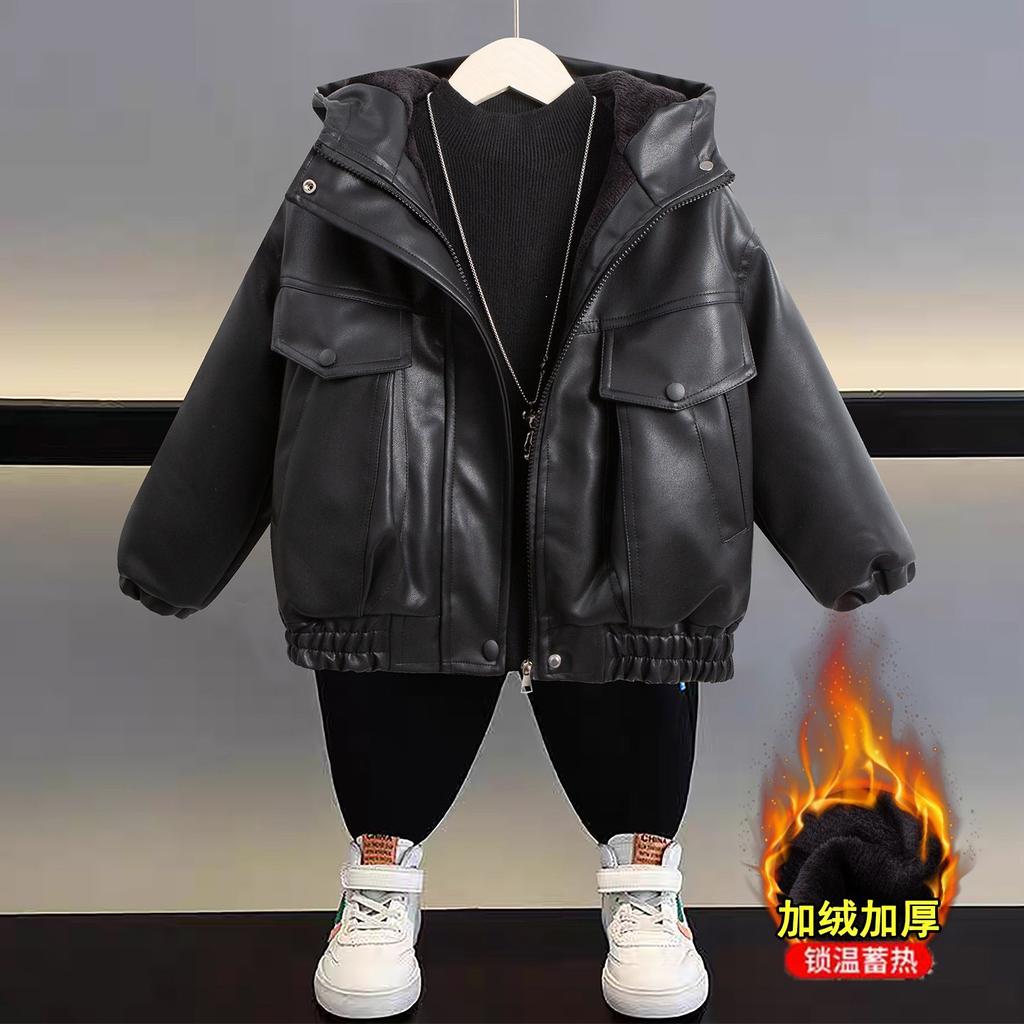 Boy's Thick Hooded Coat for Winter, Children's Leather Coat with Added Insulation.
