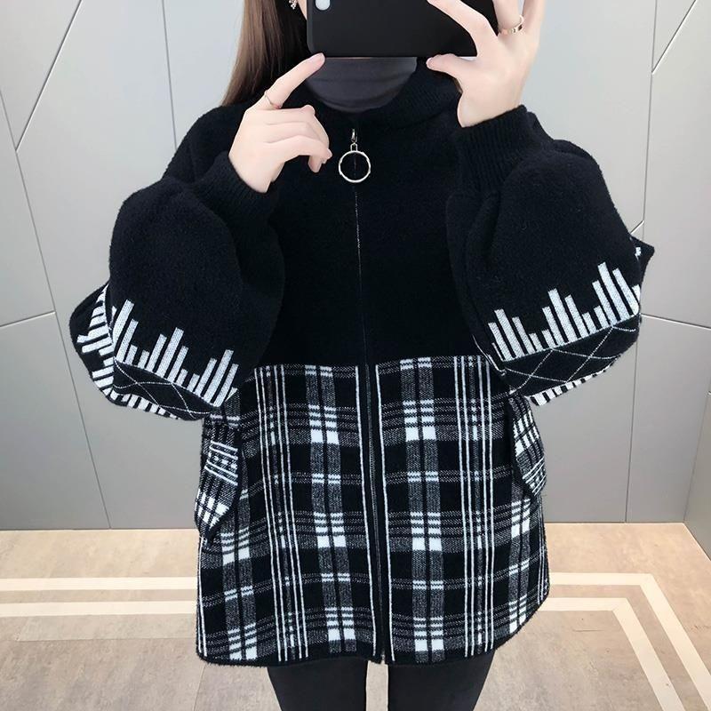 Korean Version of Women's Small Fragrance Style Woolen Coat, Spring and Autumn, Round Neck, Grid Pattern, Zipper, Pockets, Knit Cardigan