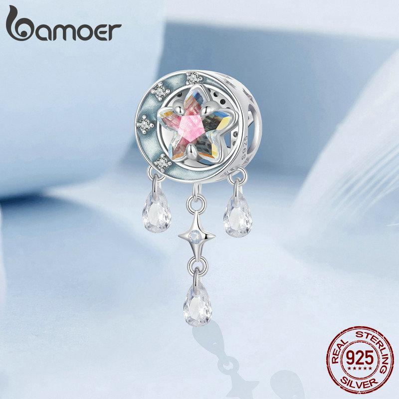 Bamoer 925 пробы серебро ослепительный циркон розовый цветок подвески божья коровка бусины для женщин браслет и ожерелье DIY ювелирные изделия