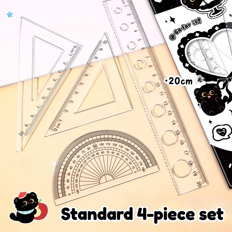 4-Piece Set Transparent Plastic Rulers Straight Rulers Protractors Set Square Kawaii School Stationery Kid Math Stationery