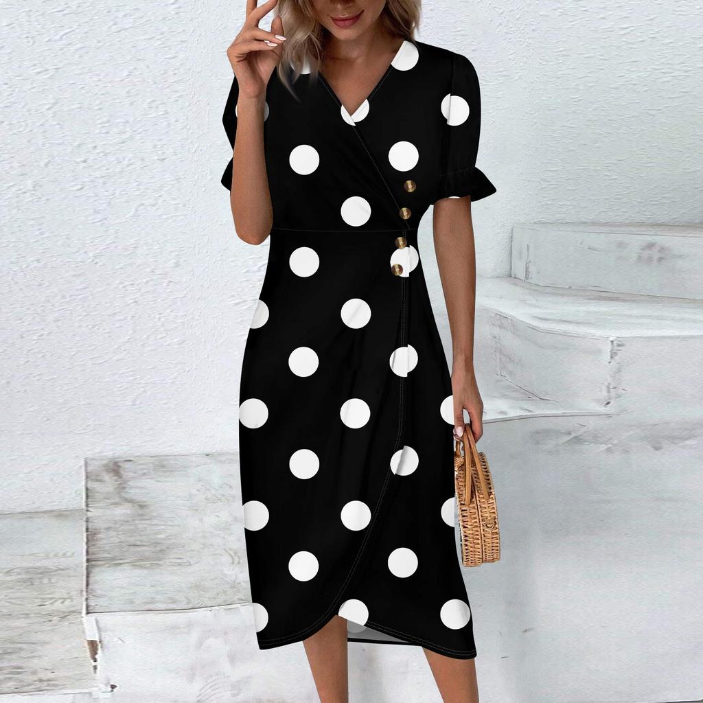 Женская пляжная юбка Элегантное весенне-летнее платье с v-образным вырезом и принтом в горошек Плиссированная длинная юбка