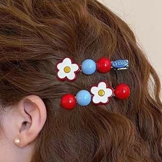 2 шт. Заколка для волос для девочки Нескользящая Цветочный дизайн Ручная роспись Цветов Круглые бусины Боковые пряди Зажимы для волос Стиль для поездок на работу Аксессуары для волос