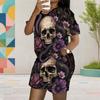 Women Plus Size Skull Floral Snake Printed Round Neck Short Sleeve Top And Pocket Shorts Two Piece Set