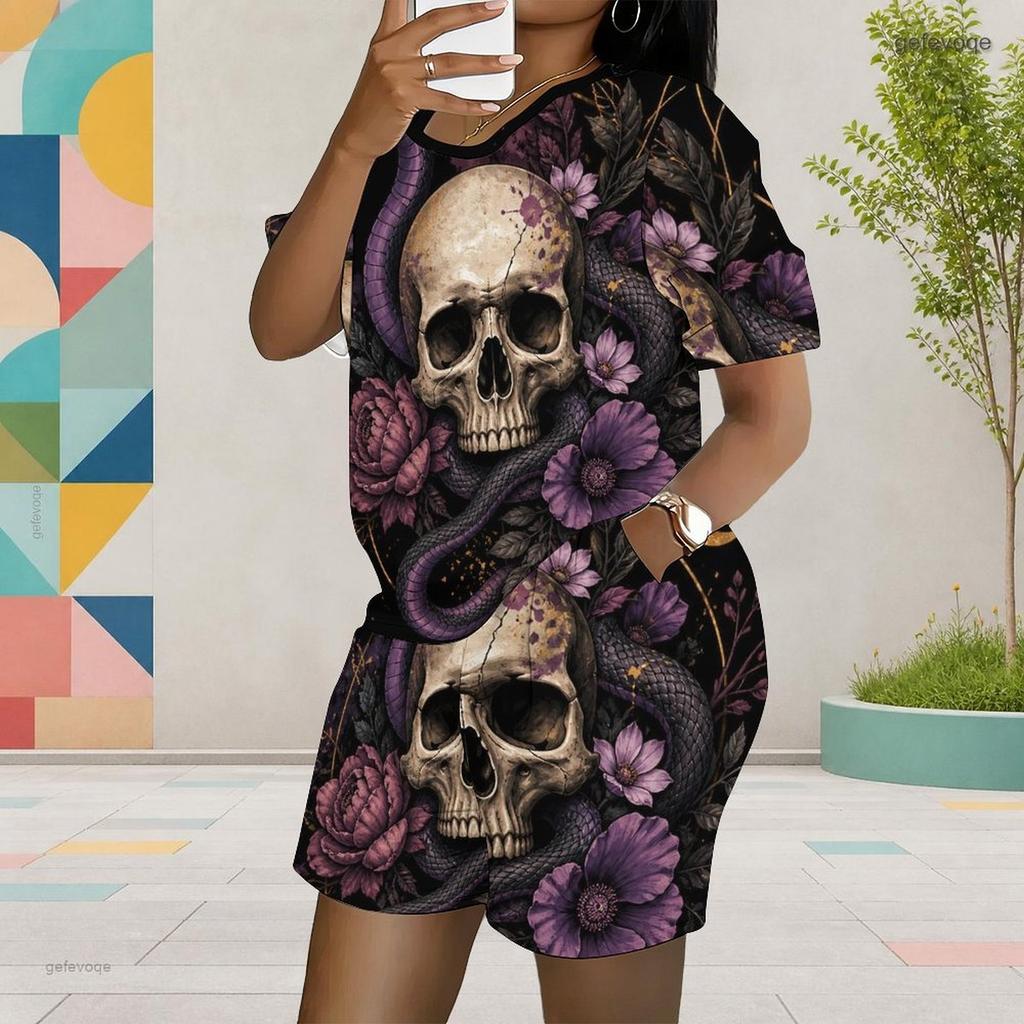 Women Plus Size Skull Floral Snake Printed Round Neck Short Sleeve Top And Pocket Shorts Two Piece Set