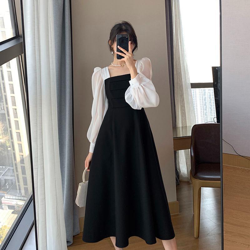 Женское платье в стиле пэчворк с длинными рукавами, осеннее платье, однотонное платье до середины икры с квадратным вырезом, винтажное платье, весеннее платье