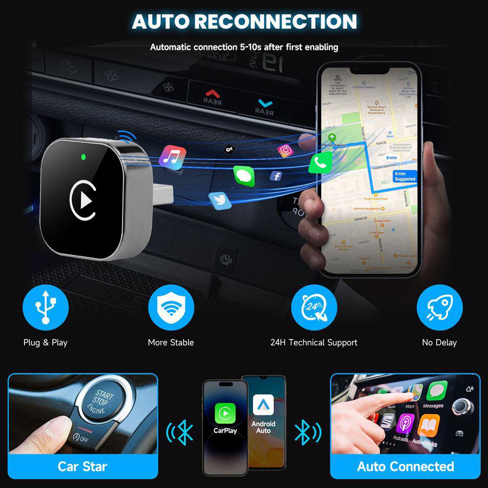 Самый продаваемый беспроводной адаптер CarPlay и Android: Подключи и играй, Обновления по воздуху (OTA), Совместимо с 98% автомобилей