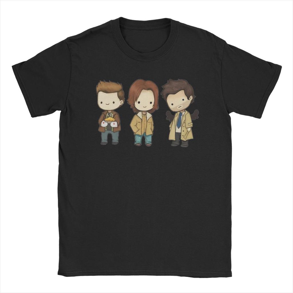 Мужская футболка Sam Dean Castiel Supernatural Chibi Футболка ТВ-шоу 100% Хлопок Одежда Футболка с круглым вырезом Новое поступление Футболка