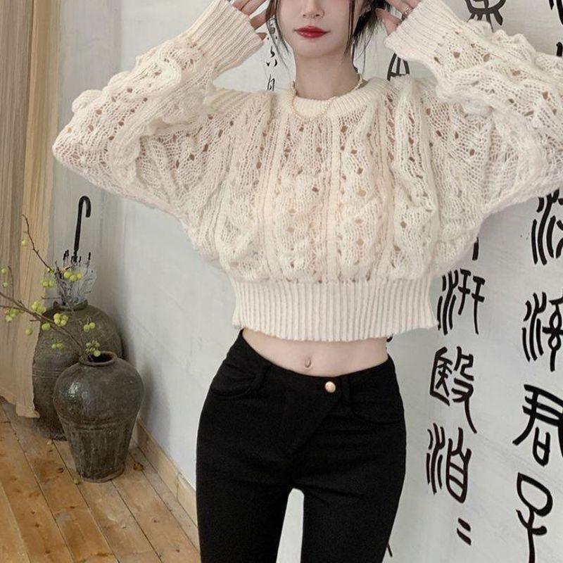 French Autumn Sweater Women's Solid Color Round Neck Hollow Knit Sweater Bubble Sleeve Knit Sweater Top Casual Knit Sweater