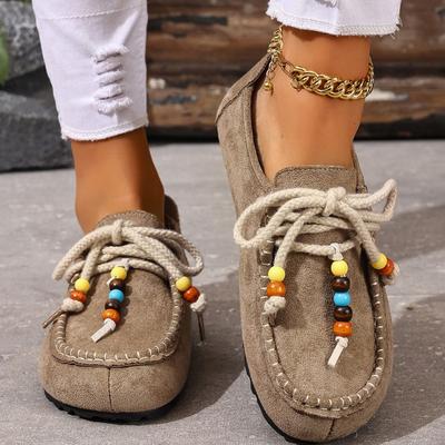 Модная оптовая женская обувь на плоской подошве с круглым носком, шнуровкой и бусинами, женская повседневная обувь в ретро-стиле, одинарная обувь для весны и осени