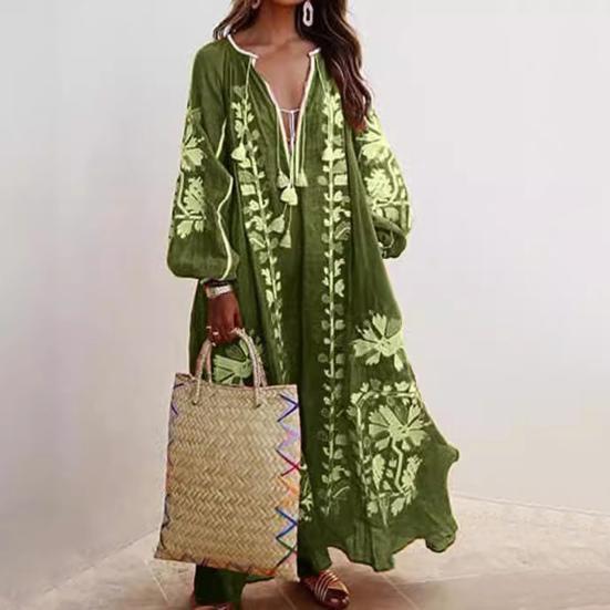 Summer Women Dress Deep V Neck Tassel Long Sleeve Retro Bohemian Style Oversized A-line Flowy Hem Floral Print Vacation Beach Maxi Dress