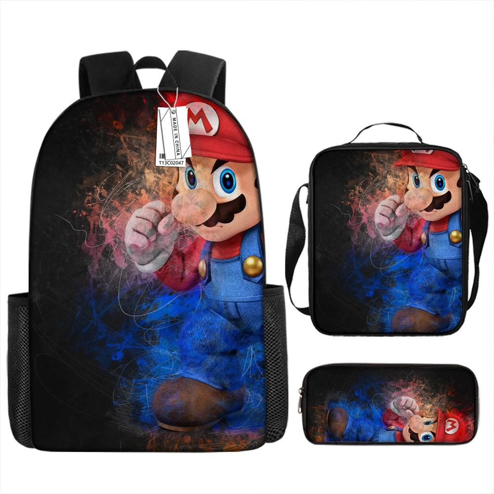 New Super Mario Trend Backpack Retro Mario Schoolbag 3-Piece Set with Pencil Case