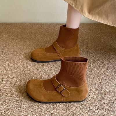 Женские ботинки на плоской подошве с круглым носком, с ремешком и пряжкой, из мягкой замшевой кожи, женские повседневные модные ретро-балетки для платья, zapatillas de mujer