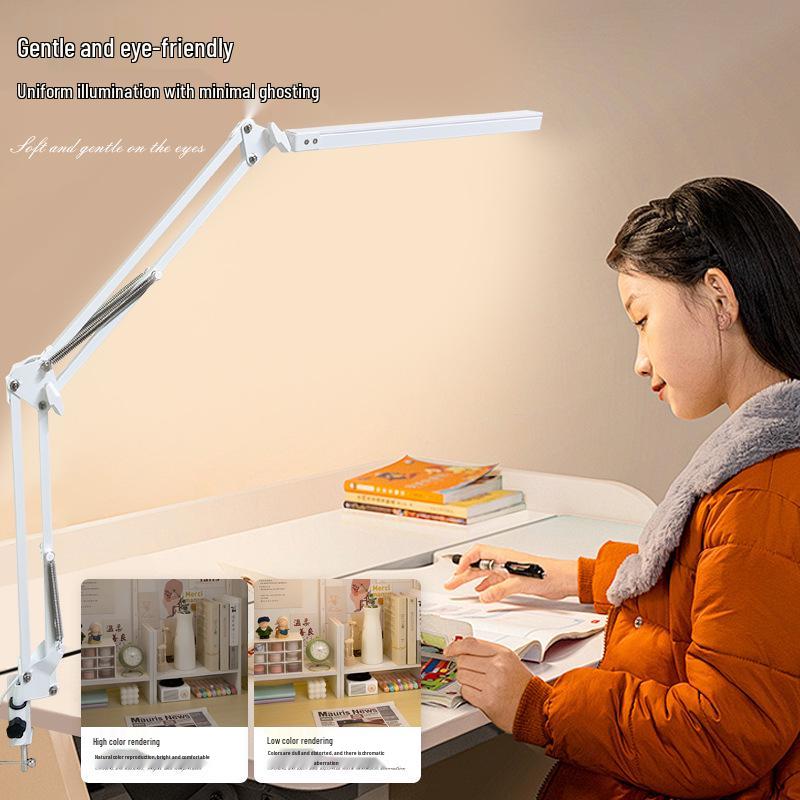 LED Eye-Care Desk Lamp with USB, Student Dormitory Creative Bedside Reading Light, Long Arm Folding Clip Design