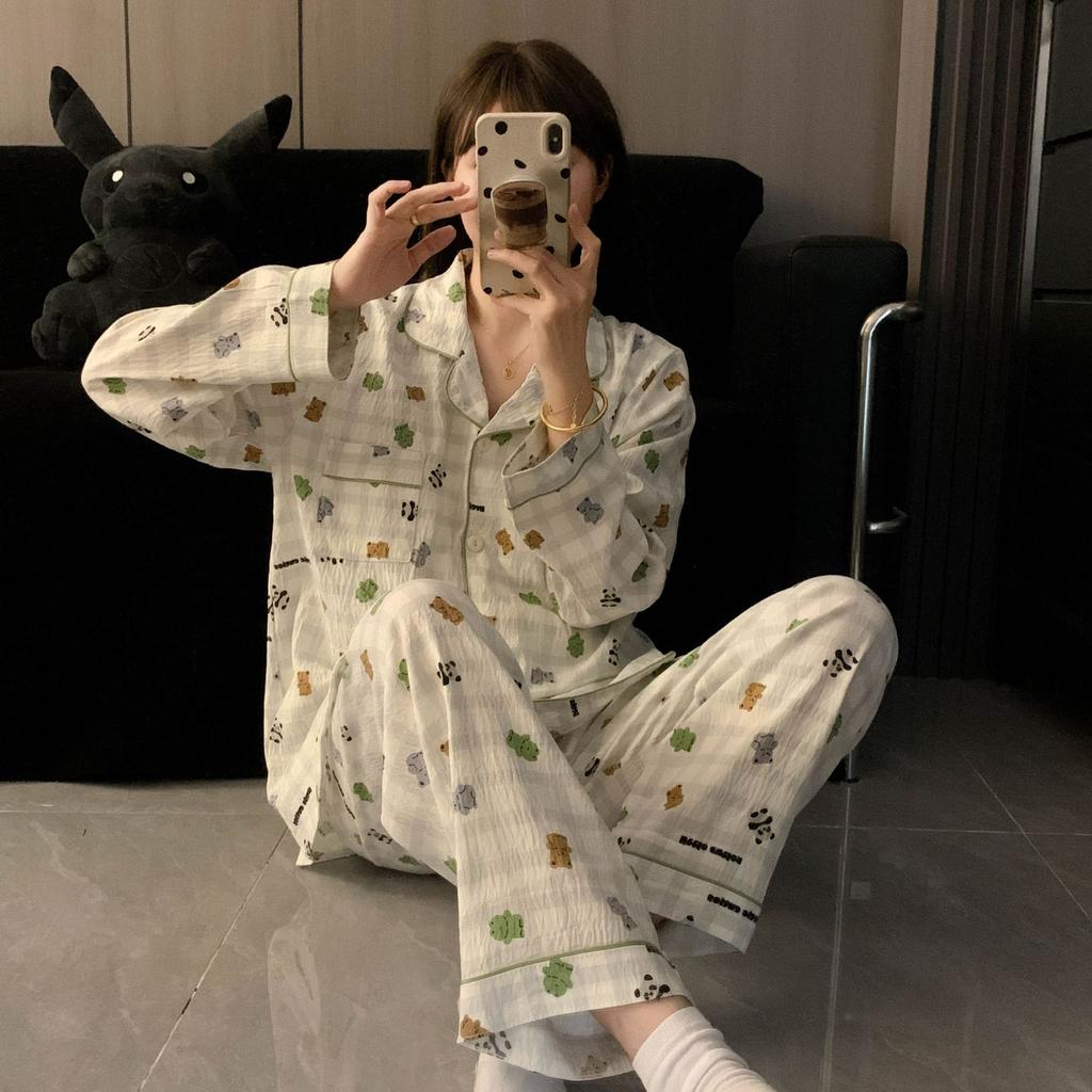 Весенне-осенний женский пижамный комплект домашней одежды с длинными рукавами для девочек-студенток, милый принтованный милый комплект домашней одежды