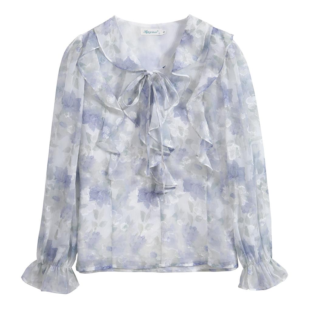 Осенняя мода 2024 года, повседневная шифоновая блузка с длинным рукавом и V-образным вырезом, с оборками и принтом, женская блузка, топы, рубашки J520