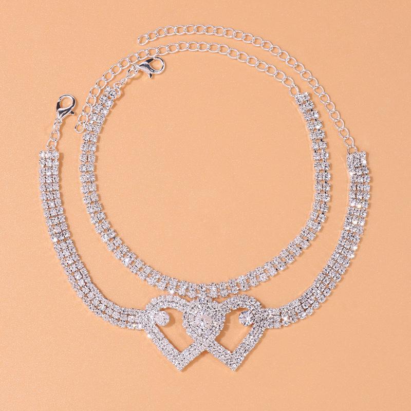 2pcs Fashion Double Heart Anklet Crystal Bracelet for Women Summer Beach Multi Row Rhinestone Anklet Bracelet On Leg