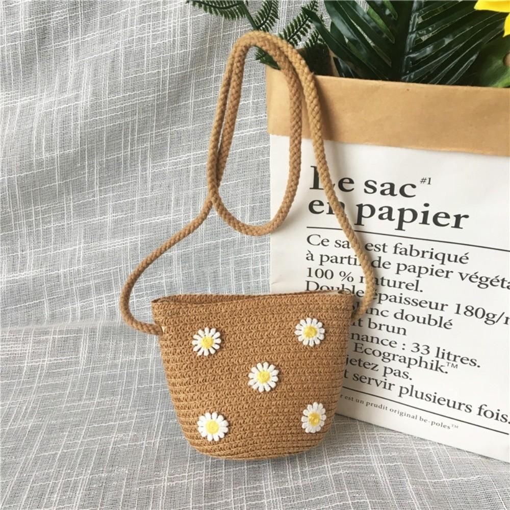 Natural Material Flower Pattern Crossbody Bag Weave Design Children Shoulder Bag Holiday