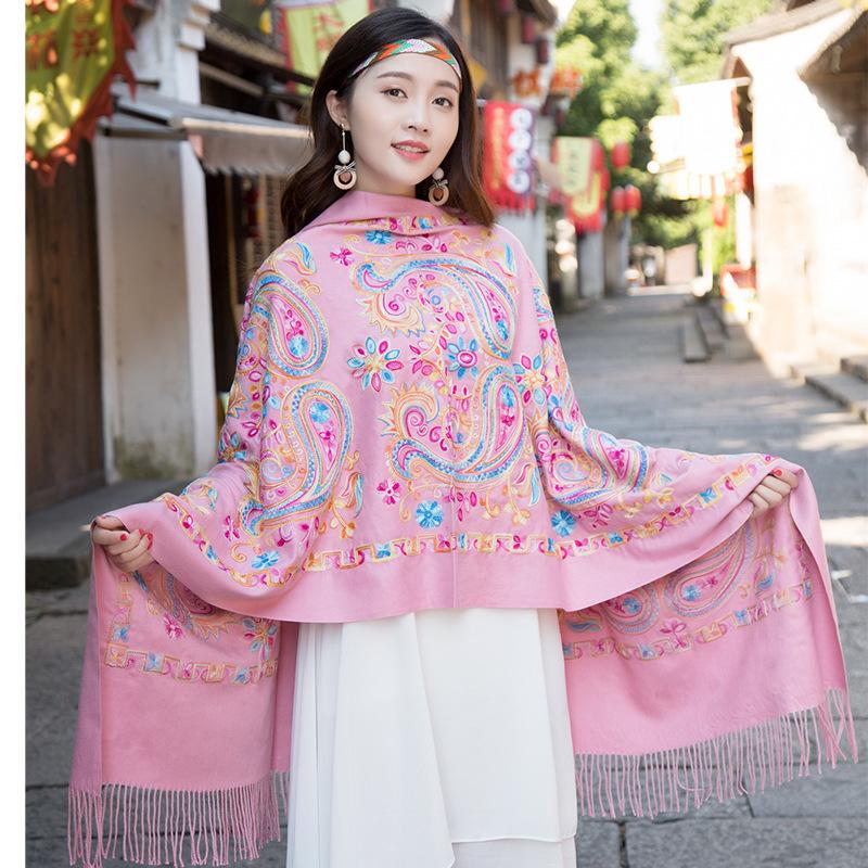 Autumn and winter Nepalese cashmere cotton embroidered paisley ethnic style scarf for women, warm thick shawl with artistic retro style
