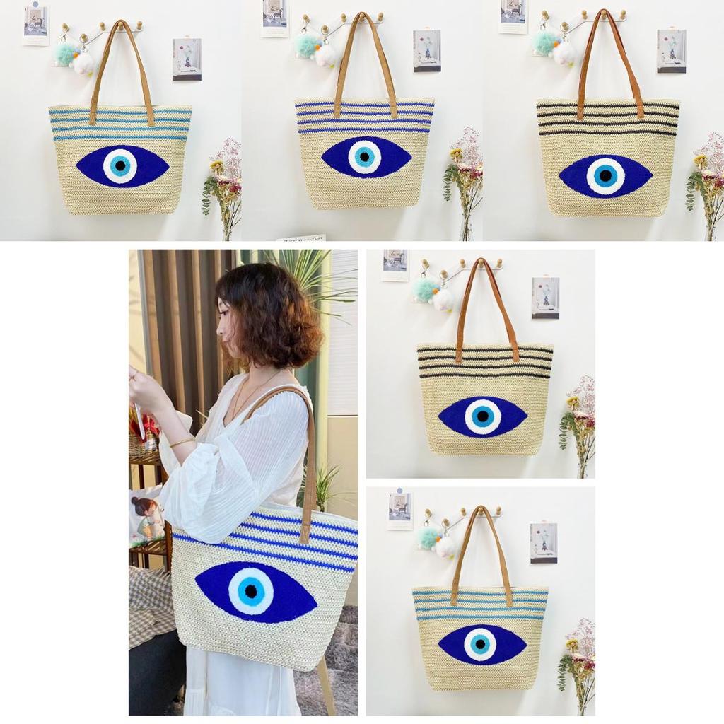 Ecofriendly Straw Shoulder Bag With Blue Eyes Embroidered Design For Summer Outings